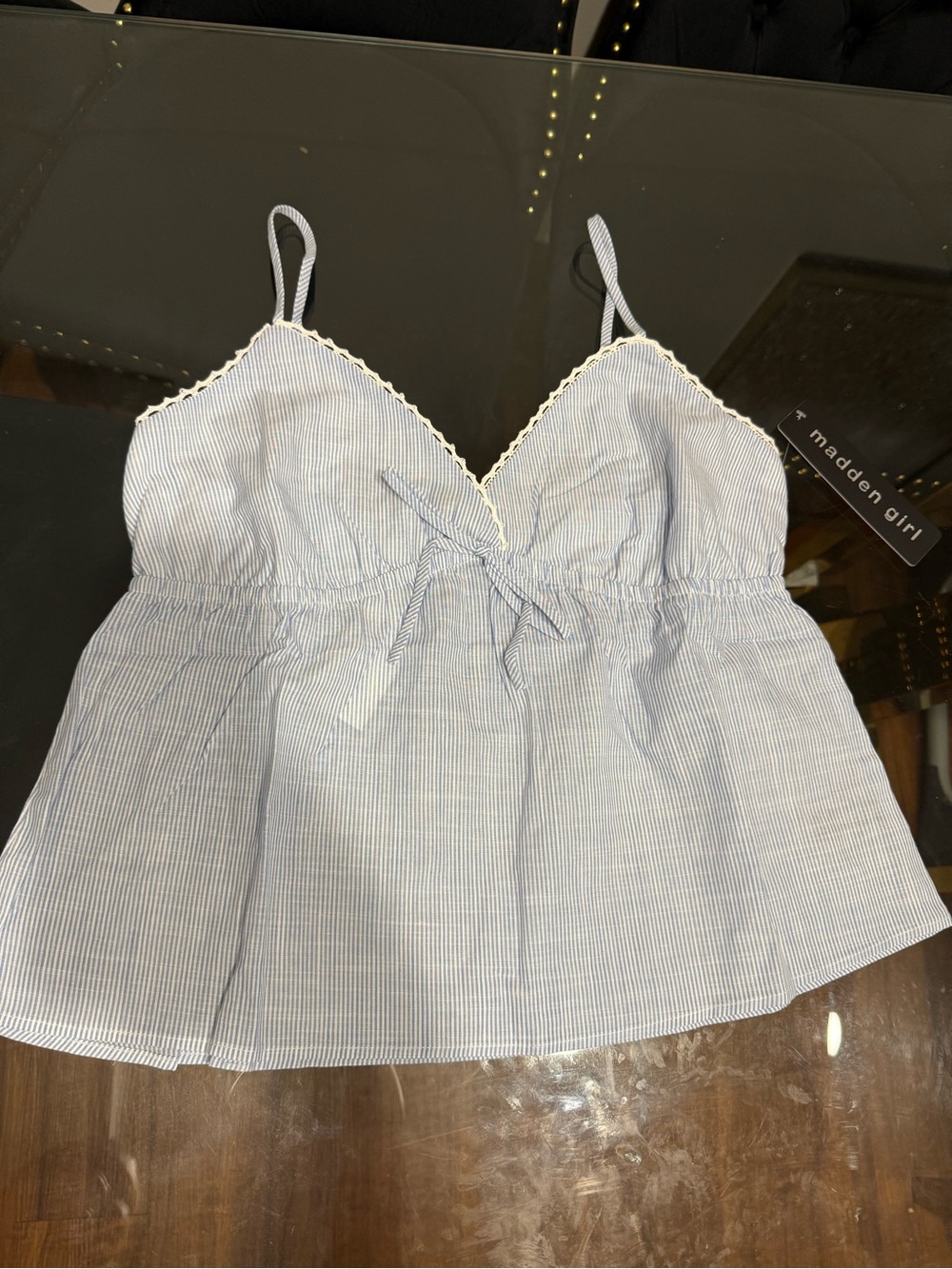 Madden Girl Light Blue & White Pinstripe Lace-Trim Camisole Crop Top